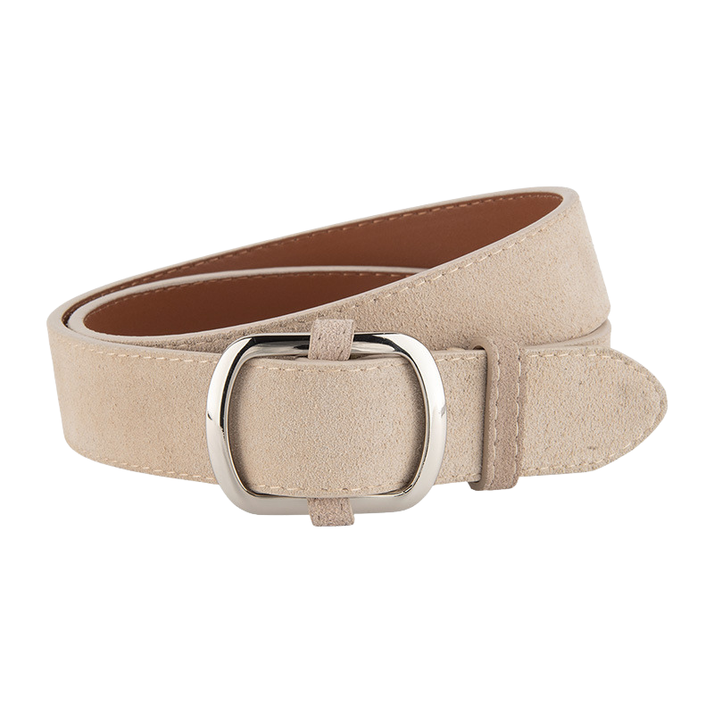 Ceinture femme Mirella en daim beige avec boucle ardillon ovale argentée brossée.