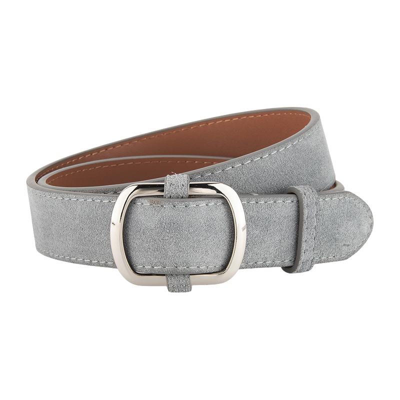 Ceinture femme Mirella en cuir de vachette refendu gris clair, traité en daim avec une boucle ardillon ovale allongée argentée brossée.