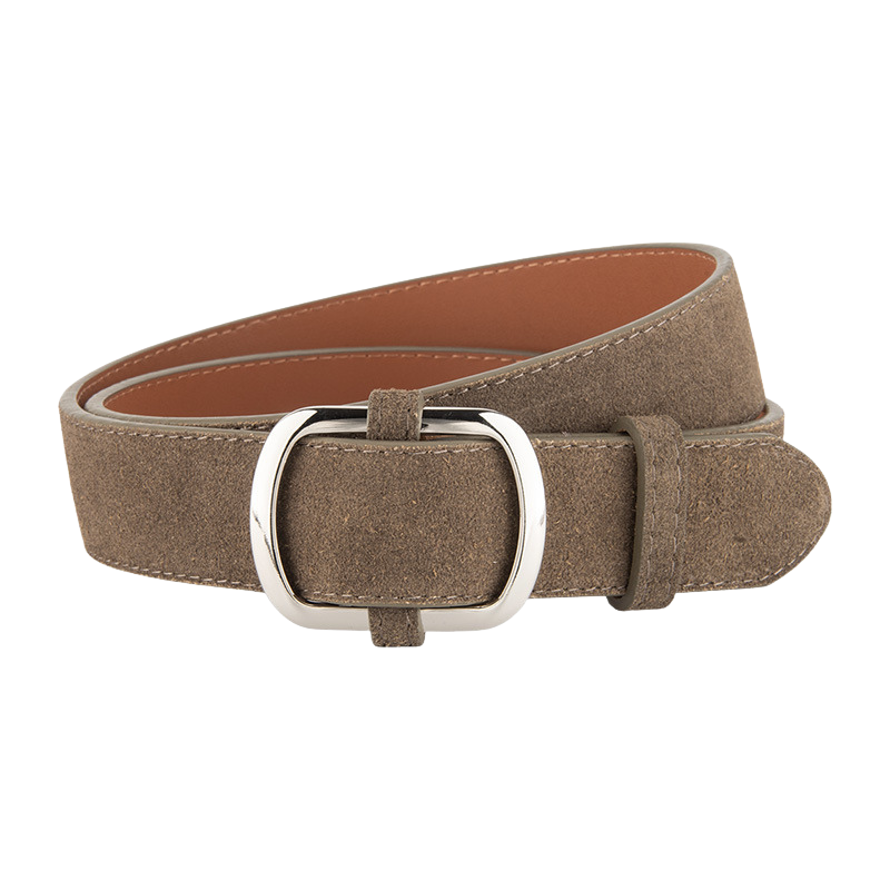 Ceinture femme Mirella en cuir de vachette gris traité daim, avec boucle ardillon ovale argentée brossée.