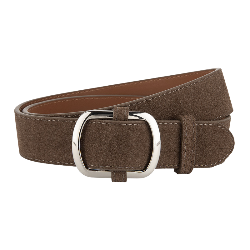 Ceinture femme Mirella en cuir de vachette marron traité daim, avec boucle ovale argentée brossée et surpiqûres ton sur ton.