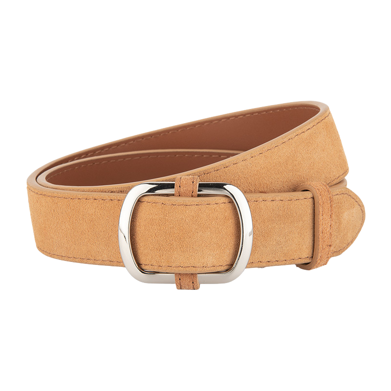 Ceinture femme Mirella en cuir de vachette refendu traité daim, couleur orange clair, avec boucle ardillon ovale allongée en alliage argenté brossé. Largeur 3.3 cm.