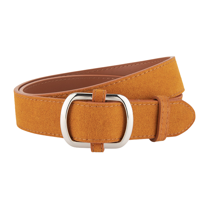 Ceinture femme Mirella en daim orange avec boucle argentée ovale allongée et finition brossée.
