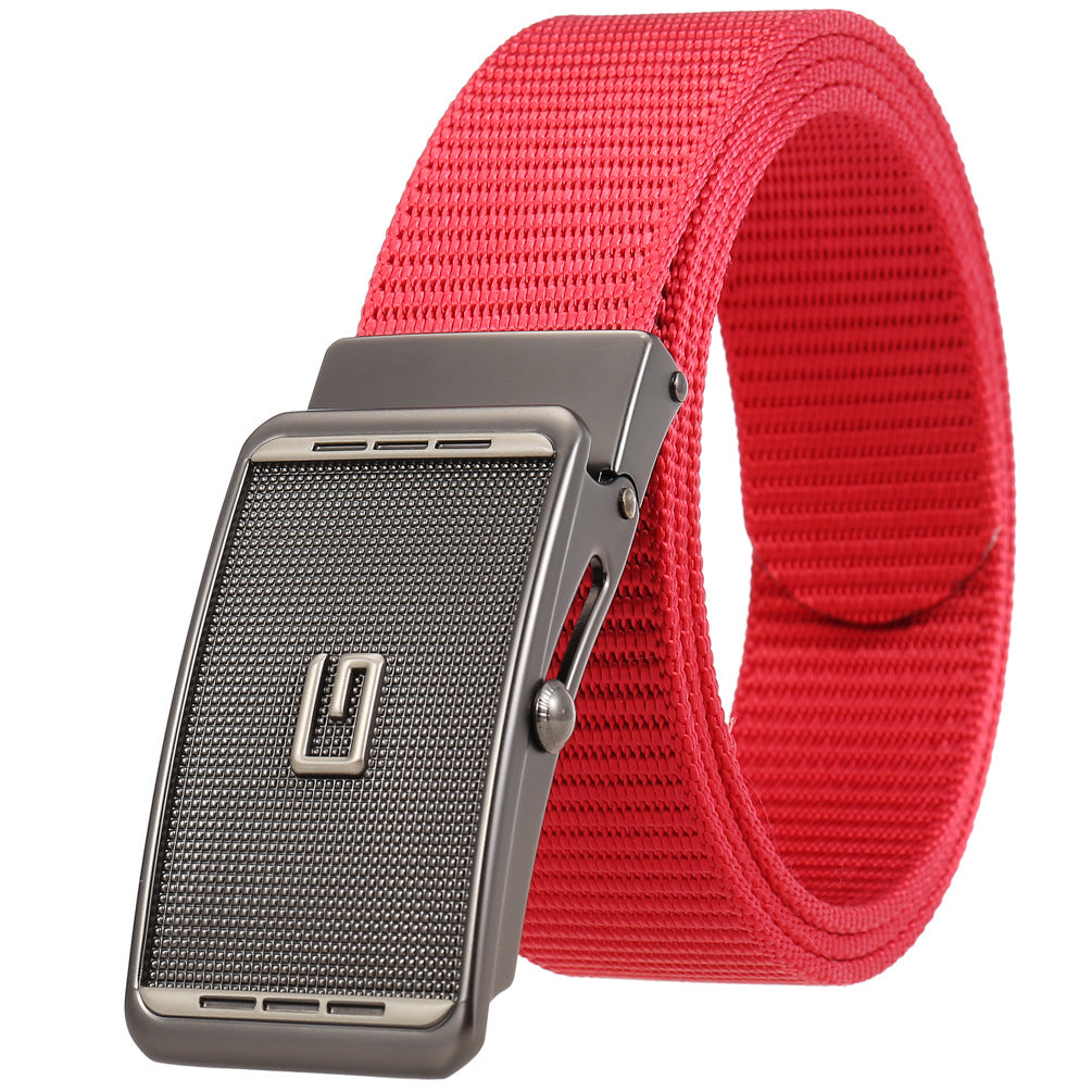 Ceinture homme Monet rouge avec boucle automatique en alliage argenté et finition grillagée.