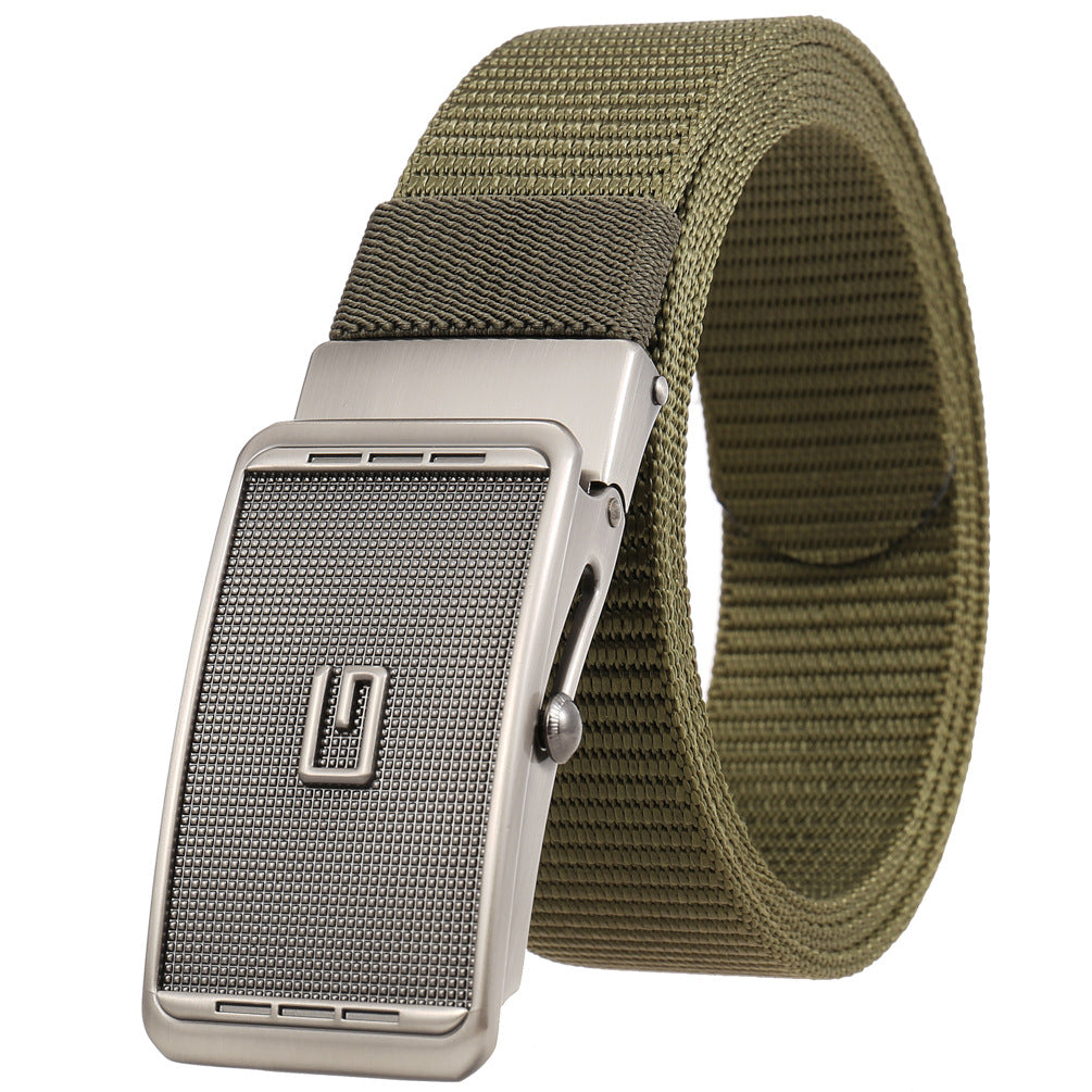 Ceinture homme Monet en tissu vert avec boucle automatique argentée texturée et logo en relief.