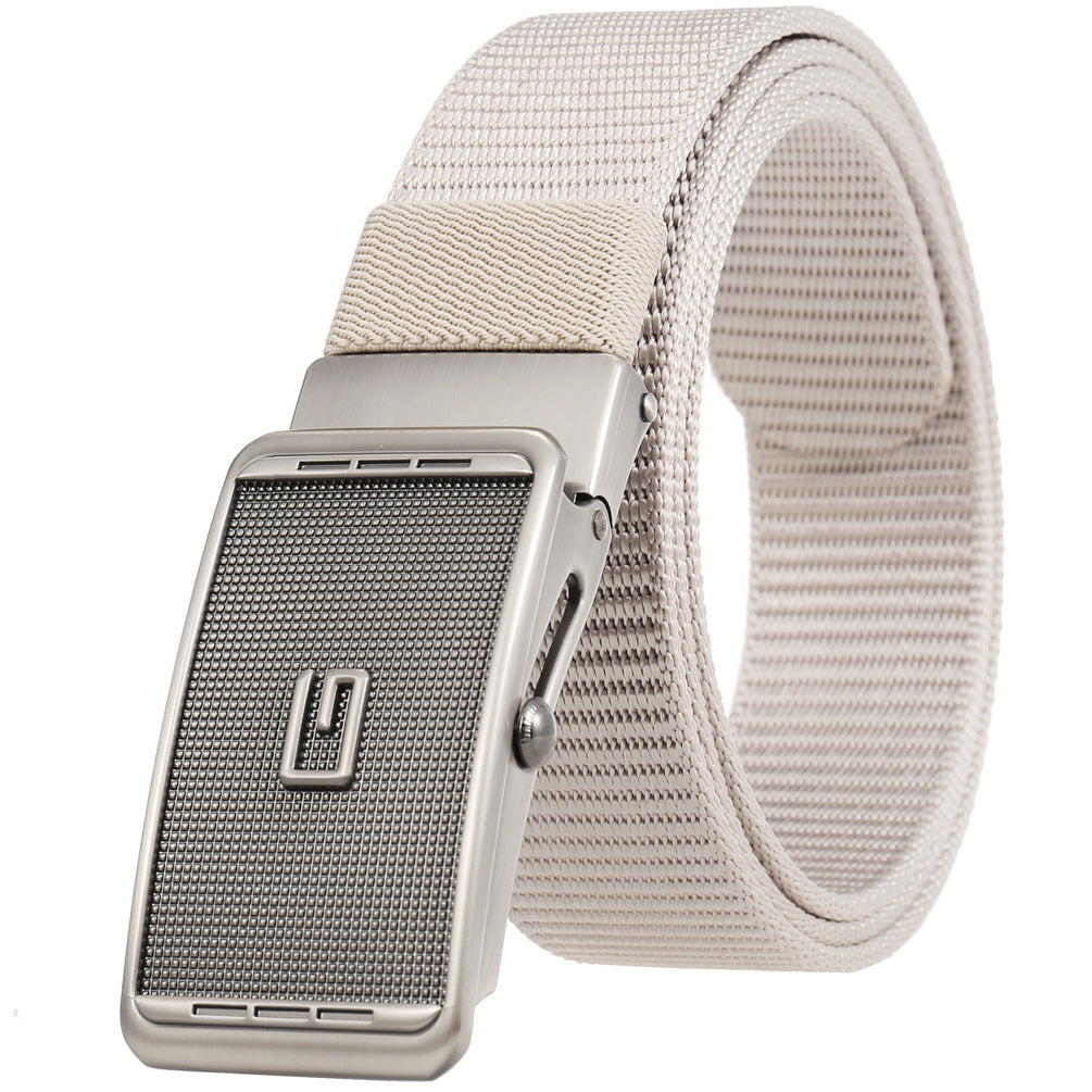 Ceinture homme Monet en tissu beige avec boucle automatique en alliage argenté texturé et logo discret logo 'U' #fullwidth