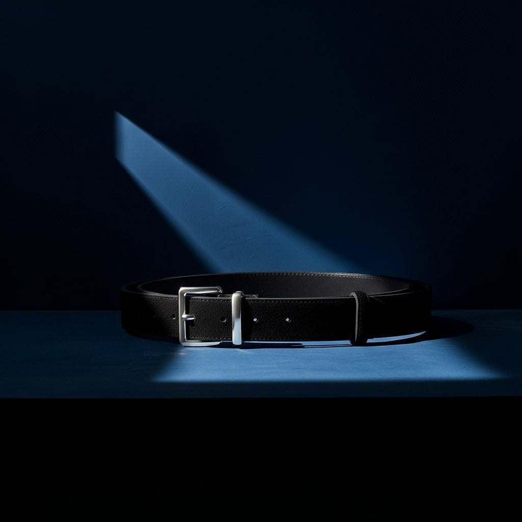 Ceinture Mont-Blanc noire en cuir de vachette refendu traité en daim, boucle ardillon rectangulaire argentée brossée. #fullwidth
