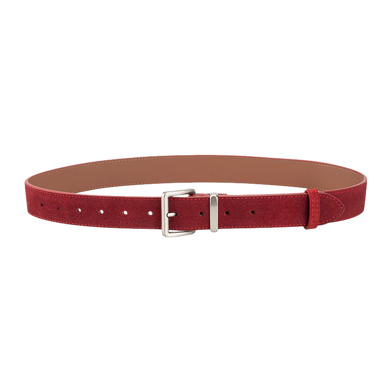Ceinture femme Mont-Blanc en cuir de vachette rouge traité en daim, avec boucle ardillon rectangulaire argentée et finition brossée.