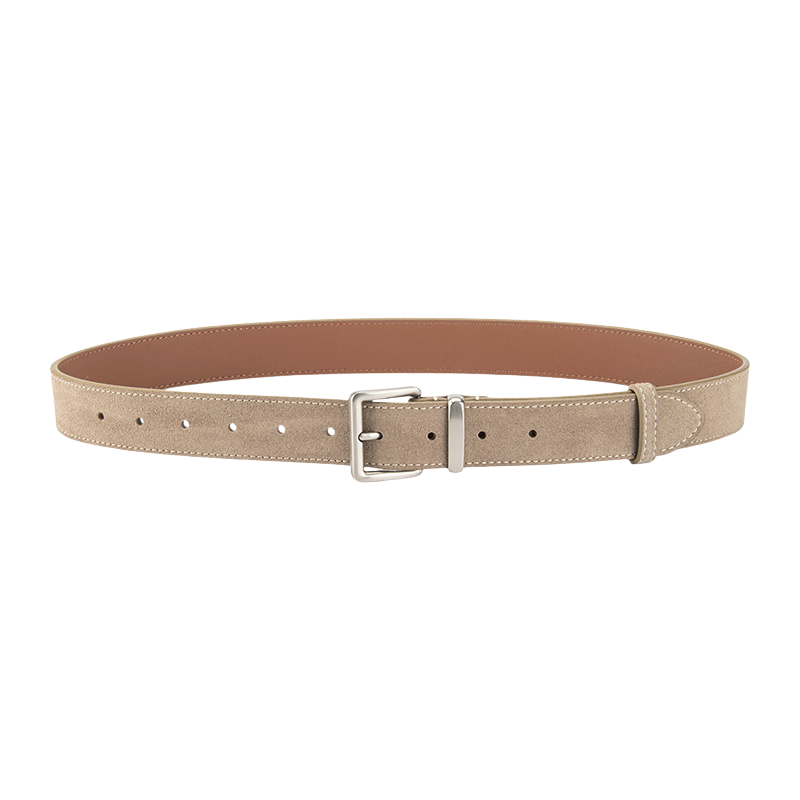 Ceinture Mont-Blanc en daim gris avec boucle ardillon rectangulaire en alliage argenté brossé.