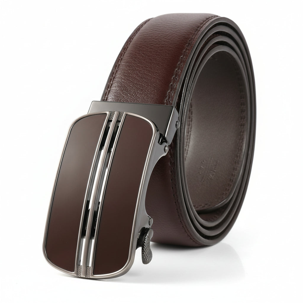 Ceinture pour homme Montmart en cuir marron avec boucle automatique argentée et détails texturés