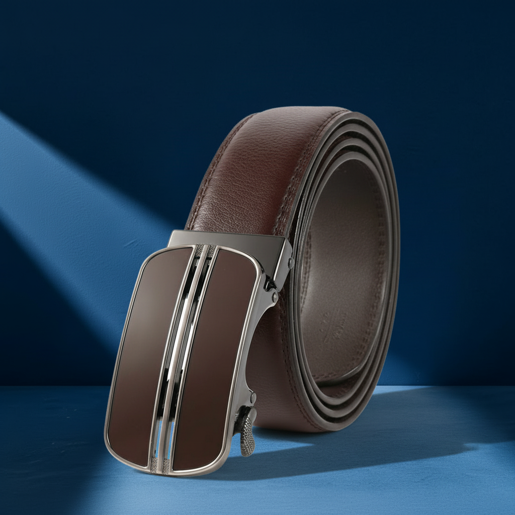 Ceinture Montmart pour homme en cuir marron avec boucle rectangulaire argentée et détails marron #fullwidth