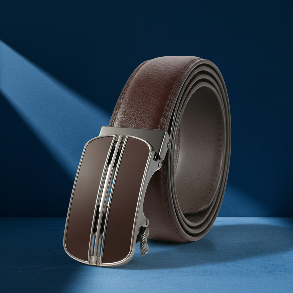 Ceinture pour homme Montmart en cuir marron avec boucle automatique argentée et détails marron. #fullwidth