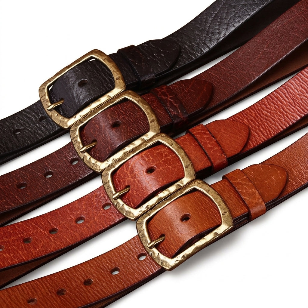 Collection de ceintures homme Morvan en cuir pleine fleur tannage végétal avec texture craquelée et boucle ardillon en cuivre massif patiné sur fond cuir #fullwidth