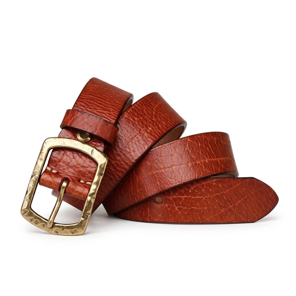 Ceinture homme Morvan en cuir de vachette pleine fleur marron avec texture craquelée et boucle ardillon en cuivre massif patiné sur fond marron #fullwidth