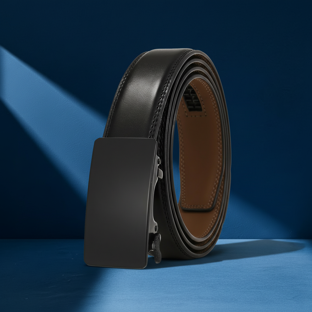 Ceinture homme Moscou 95 en cuir noir avec boucle automatique rectangulaire argentée, sur fond bleu avec éclairage d'angle #fullwidth