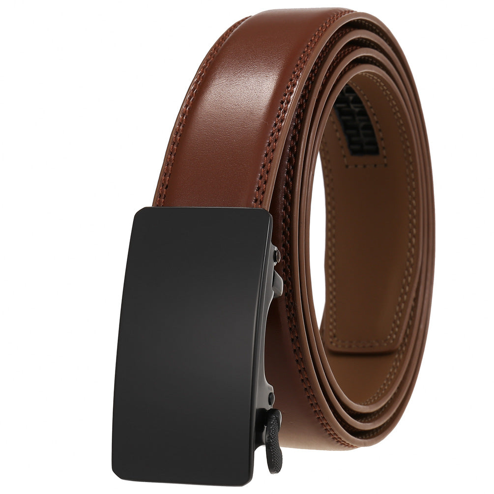 Ceinture Moscou 95 en cuir marron clair avec boucle rectangulaire automatique noire, finition surpiqûre ton sur ton.
