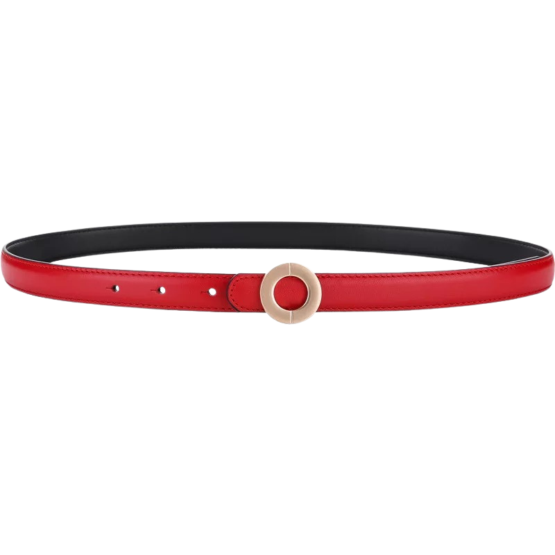 Ceinture femme Mousseline rouge en cuir pleine fleur avec boucle dorée ronde. La lanière rigide de 1.8 cm souligne la silhouette avec élégance.