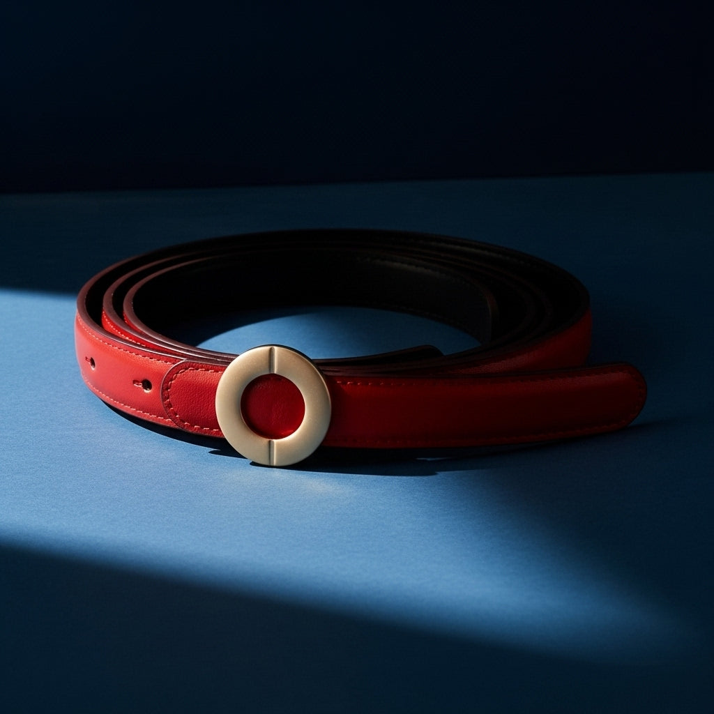Ceinture rouge en cuir pleine fleur Mousseline pour femme, avec une boucle ronde dorée et une finition daim douce. #fullwidth