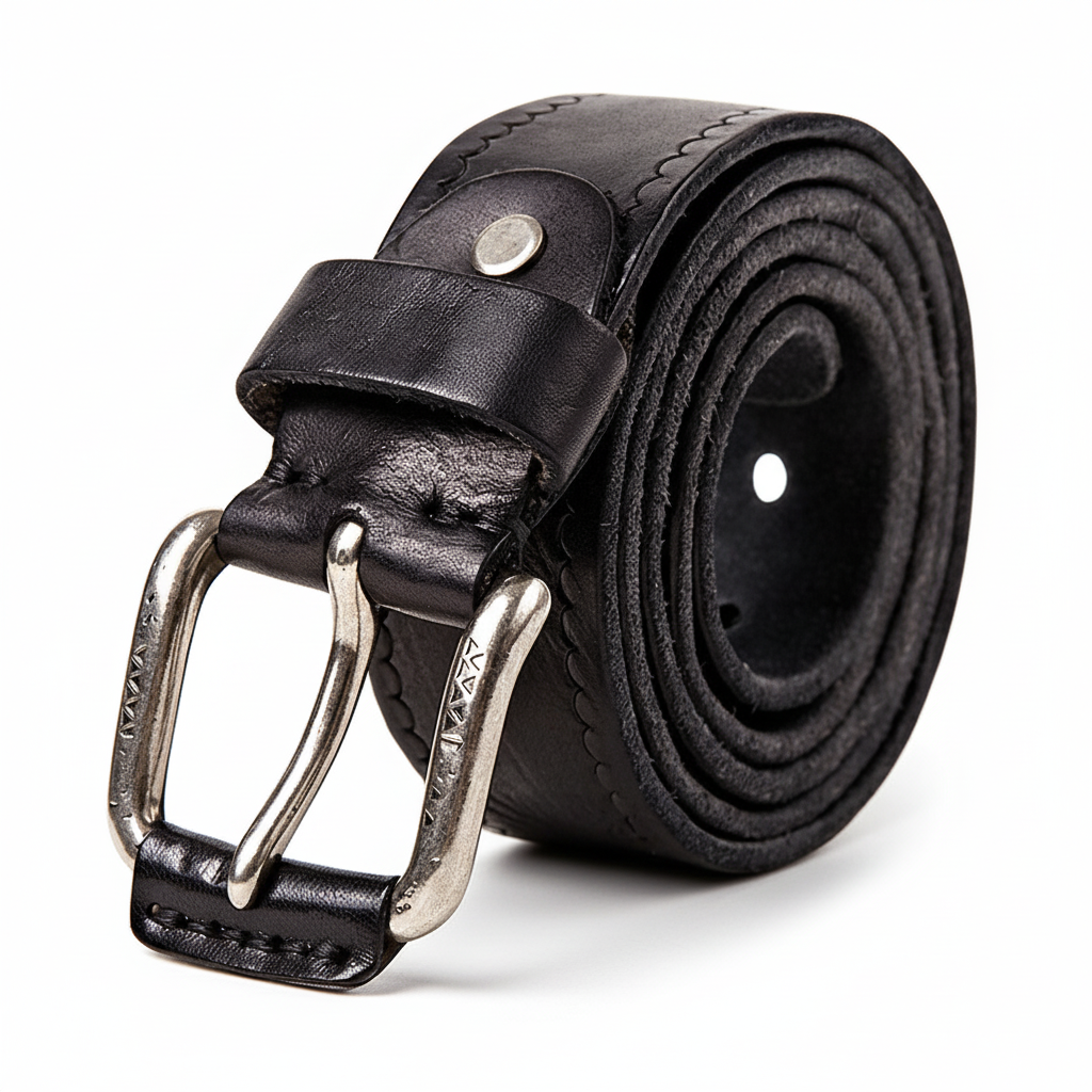 Ceinture en cuir pleine fleur noir pour homme, modèle Musset, avec boucle ardillon argentée et détails gravés.