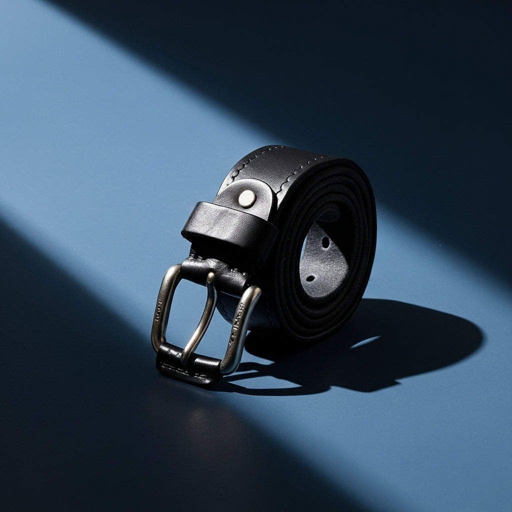 Ceinture pour homme Musset en cuir pleine fleur noir avec boucle ardillon argentée, présentée enroulée sur un fond bleu #fullwidth