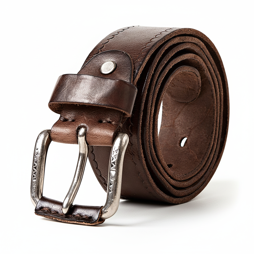 Ceinture en cuir pleine fleur marron pour homme, modèle Musset, avec boucle ardillon argentée et détails cousus sur les bords.