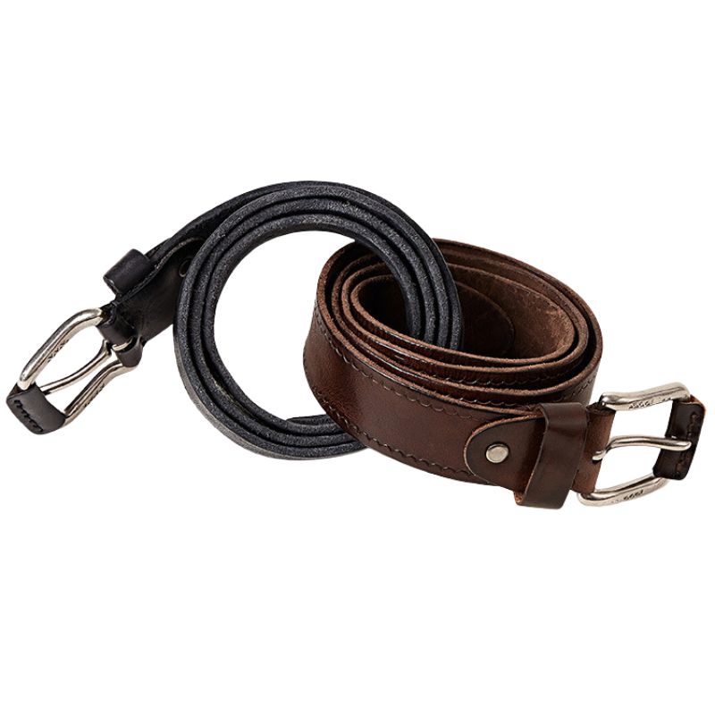 Ceinture Musset pour homme en cuir pleine fleur, disponible en marron et noir, avec boucle ardillon argentée.