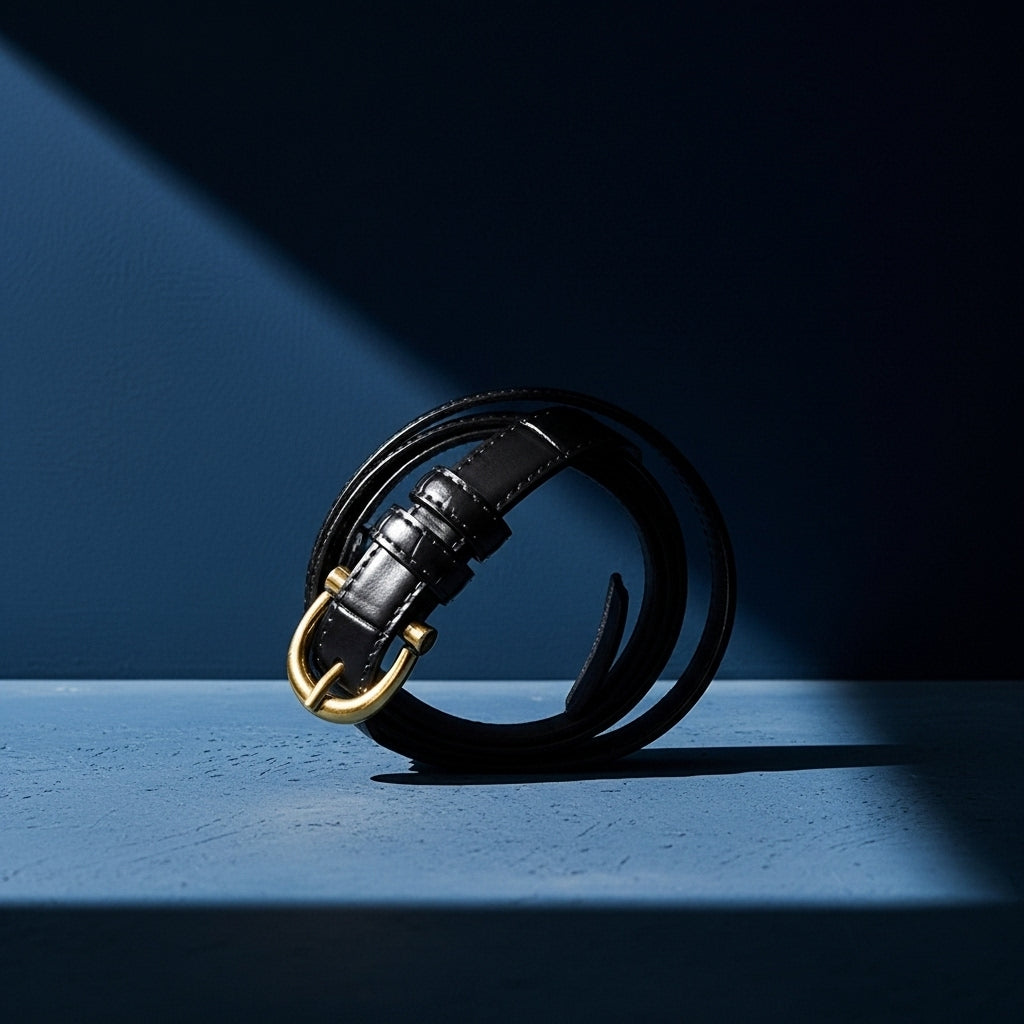 Ceinture femme Mylène noire en cuir effet croco brillant, largeur fine, avec boucle ardillon dorée en forme de U. Fond bleu avec jeux d'ombre. #fullwidth