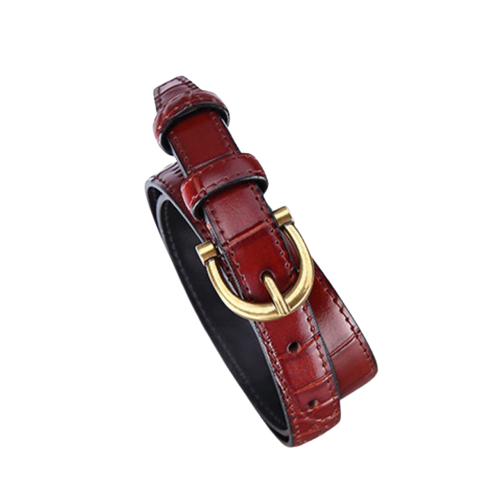 Ceinture femme Mylène rouge en cuir de vachette refendu avec effet croco brillant et boucle dorée en forme U