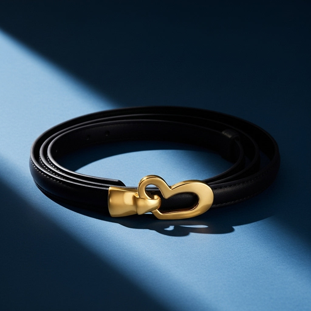 Ceinture femme Myosotis noire en cuir avec boucle dorée en forme de cœur #fullwidth