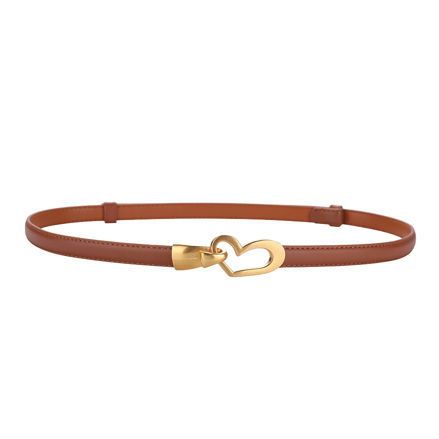 Ceinture fine en cuir marron clair pour femme, modèle Myosotis, avec une boucle dorée en forme de cœur.