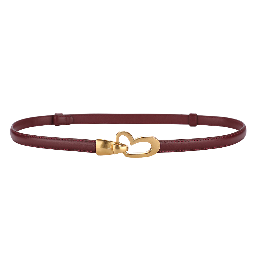 Ceinture femme Myosotis en cuir bordeaux avec boucle dorée en forme de cœur