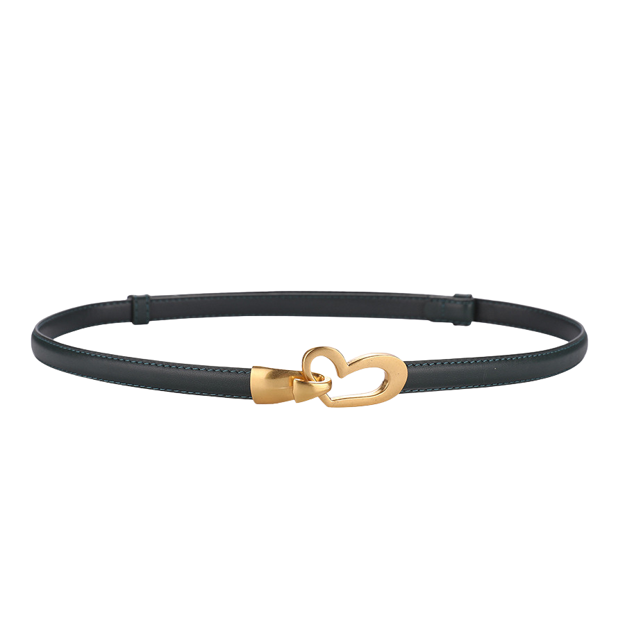 Ceinture fine Myosotis en cuir vert avec boucle dorée en forme de cœur