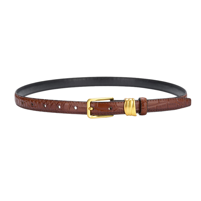 Ceinture fine marron effet croco avec boucle rectangulaire dorée et détail texturé, modèle Mystique