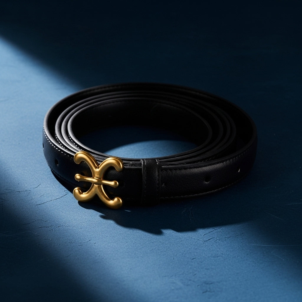 Ceinture Nacre noire en cuir de vachette avec boucle ardillon dorée en forme de nœud floral stylisé #fullwidth