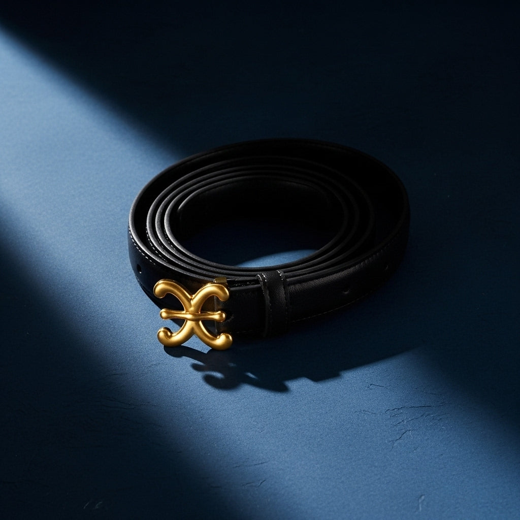 Ceinture fine Nacre en cuir noir avec une boucle ardillon dorée en forme de nœud floral stylisé #fullwidth