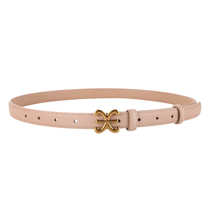 Ceinture fine Nacre en cuir beige pour femme avec boucle ardillon dorée en forme de nœud floral stylisé.