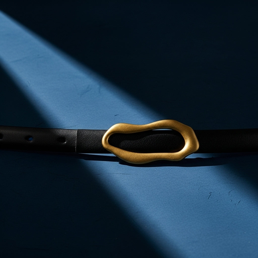 Ceinture fine Nadège pour femme en cuir noir avec une boucle dorée asymétrique et ovale. #fullwidth