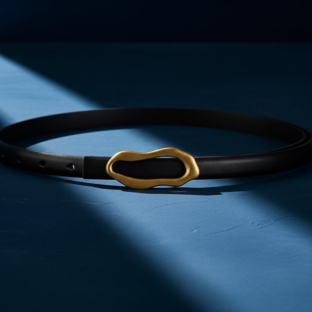 Ceinture fine Nadège pour femme en cuir noir avec une boucle dorée asymétrique et organique, sur fond bleu. #fullwidth