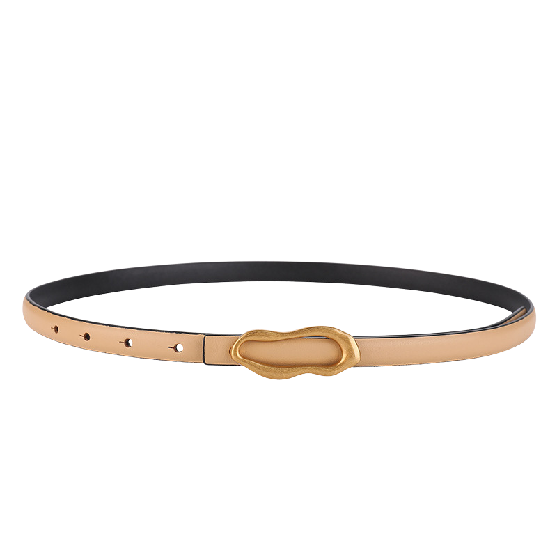 Ceinture fine en cuir beige pour femme, modèle Nadège, avec boucle dorée ovale asymétrique