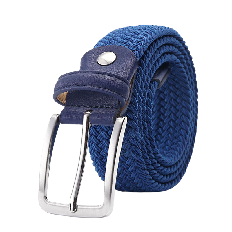 Ceinture homme Nantes 1 bleue tressée élastique avec boucle rectangulaire argentée.