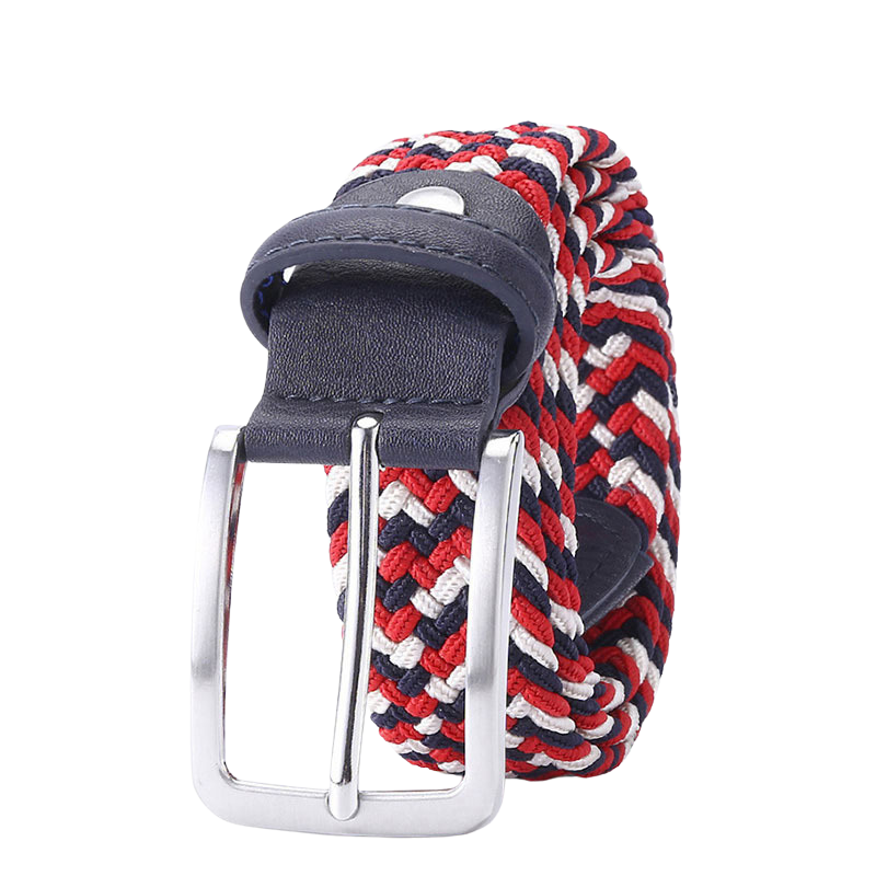 Ceinture tressée élastique Nantes 3 pour homme, avec un motif de fils rouges, blancs et bleus, et une boucle argentée.