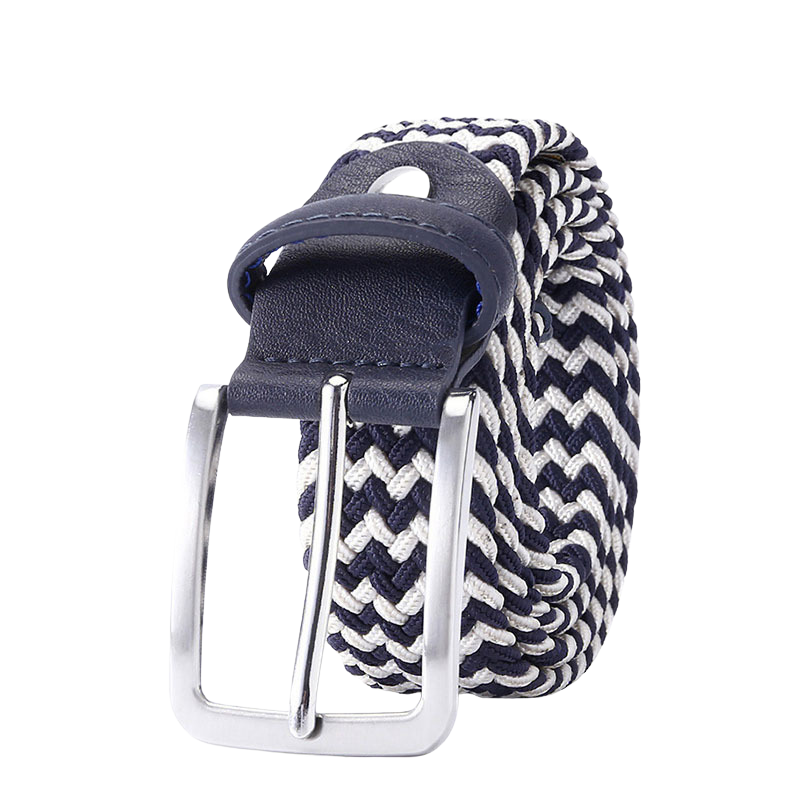 Ceinture tressée élastique homme Nantes 3, bleu marine et blanc, avec boucle rectangulaire argentée.
