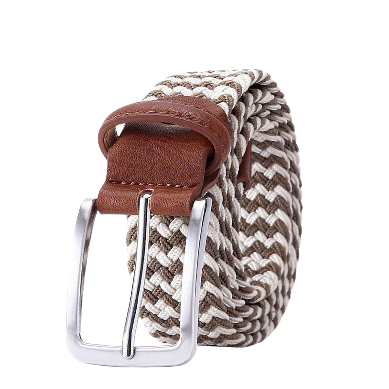 Ceinture tressée élastique Nantes 3 beige et blanc cassé, avec boucle rectangulaire argentée et passant en cuir marron.