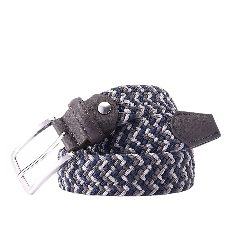Ceinture tressée élastique homme Nantes 4, multicolore gris, bleu et blanc cassé, avec boucle argentée.