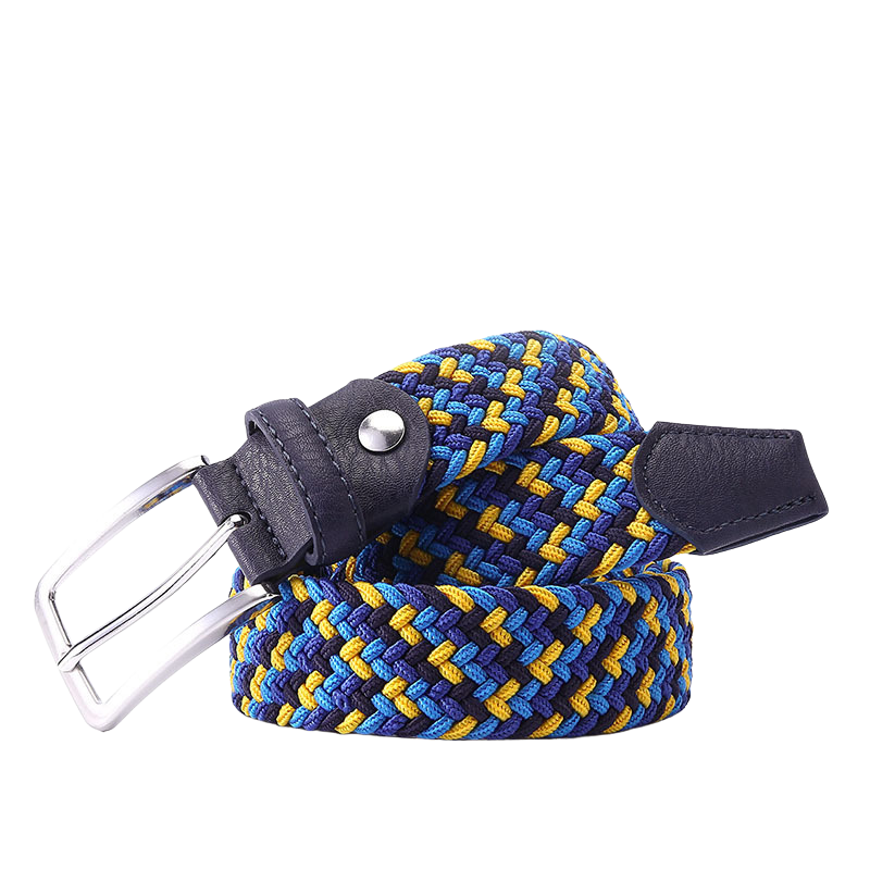 Ceinture homme tressée élastique Nantes 4, bleu marine, bleu et jaune, avec boucle argentée
