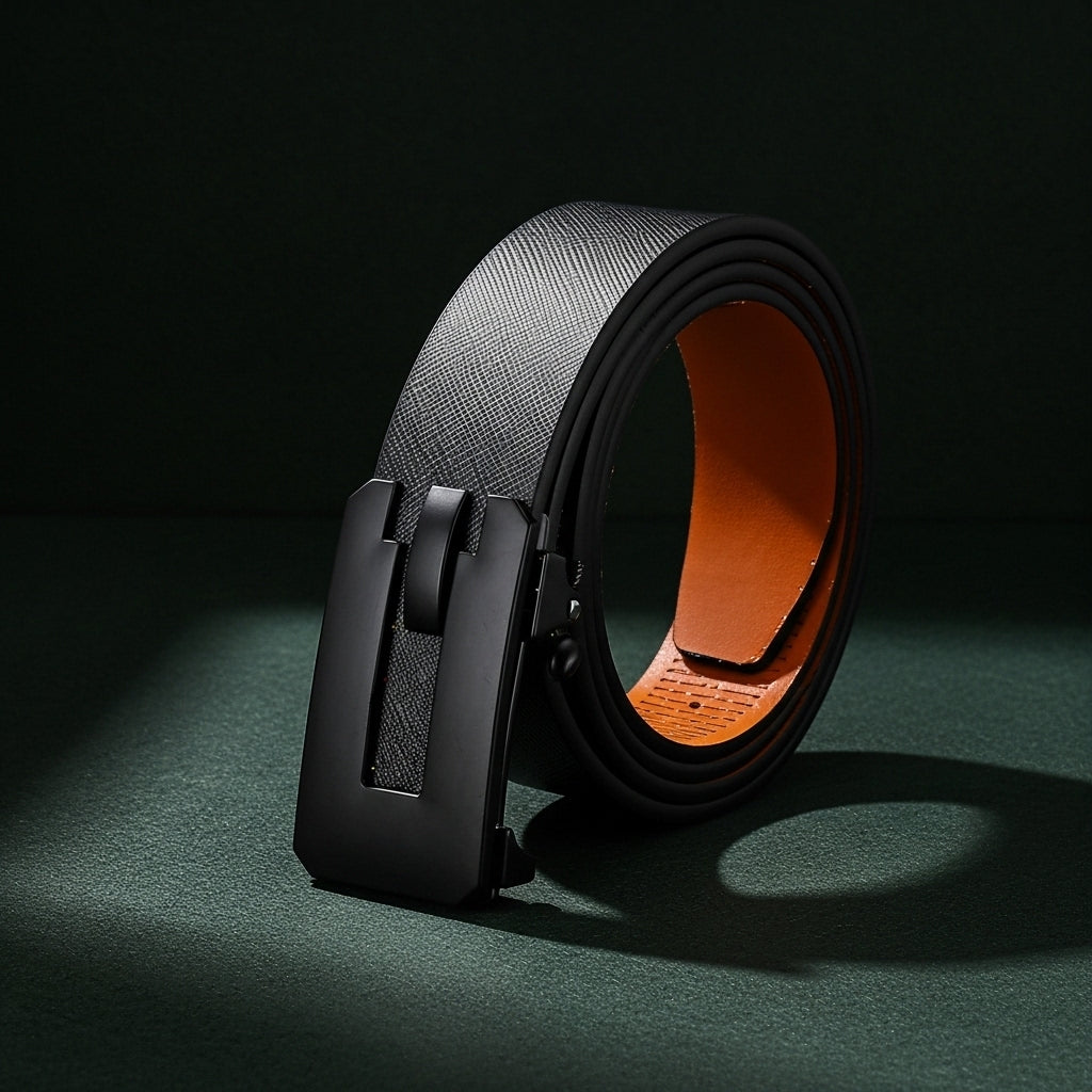 Ceinture Nice pour homme en cuir refendu noir avec boucle rectangulaire automatique en alliage noir mat et doublure orange. #fullwidth