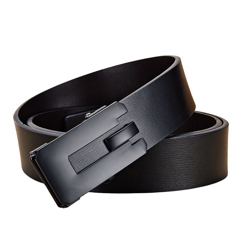 Ceinture homme Nice en cuir noir refendu avec boucle rectangulaire automatique noire mate et lanière texturée.