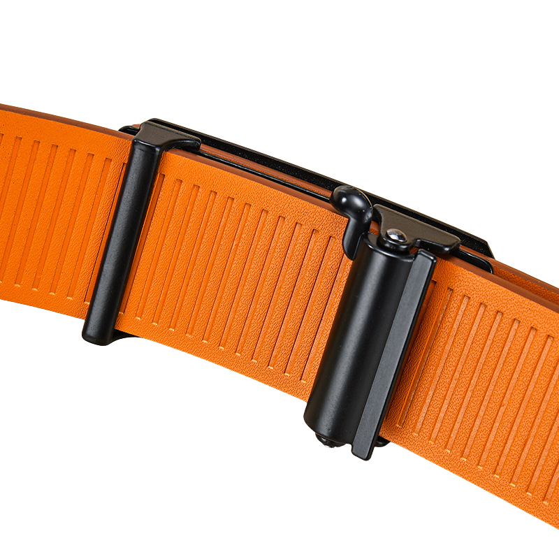 Ceinture Nice orange en cuir refendu de vachette avec boucle rectangulaire automatique noire mate et lanière texturée 20T.