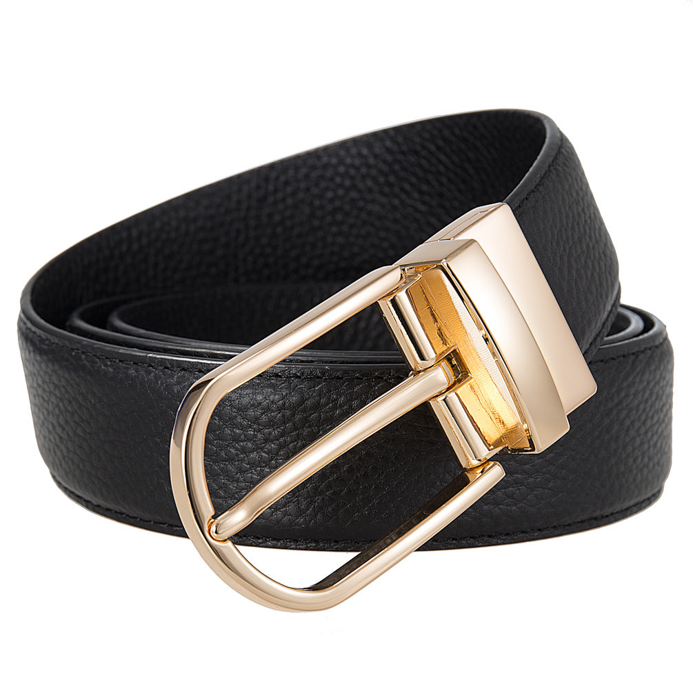 Ceinture Nils homme en cuir de vachette pleine fleur noire, réversible, avec boucle ardillon arrondie dorée. #fullwidth