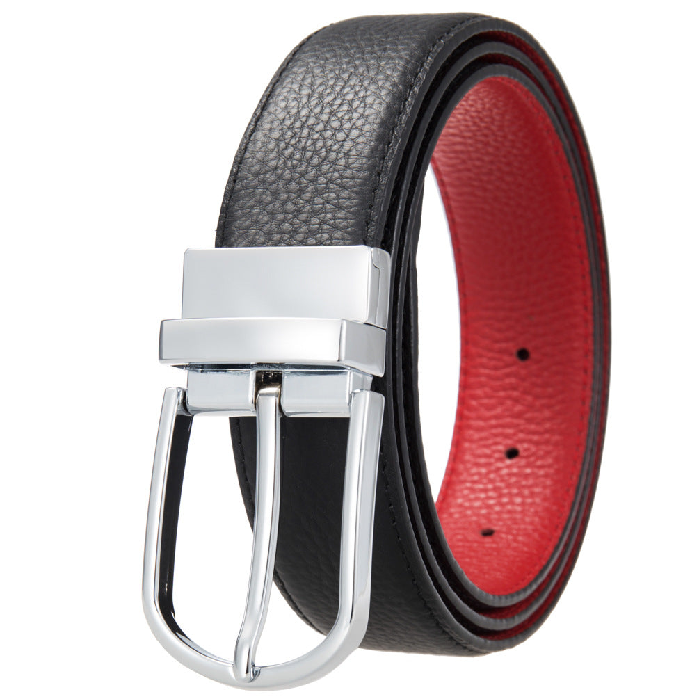 Ceinture homme Nils réversible en cuir noir texturé avec doublure rouge et boucle ardillon argentée
