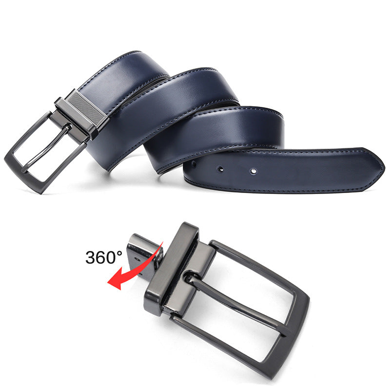 Ceinture NilsLux pour homme en cuir bleu avec boucle rectangulaire rotative et ardillon, vue rapprochée sur le mécanisme de rotation 360°.